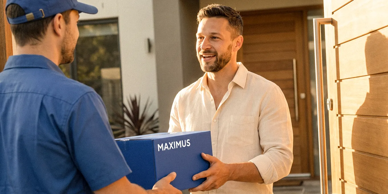 Courier handing a Maximus box to a smiling man at his front door