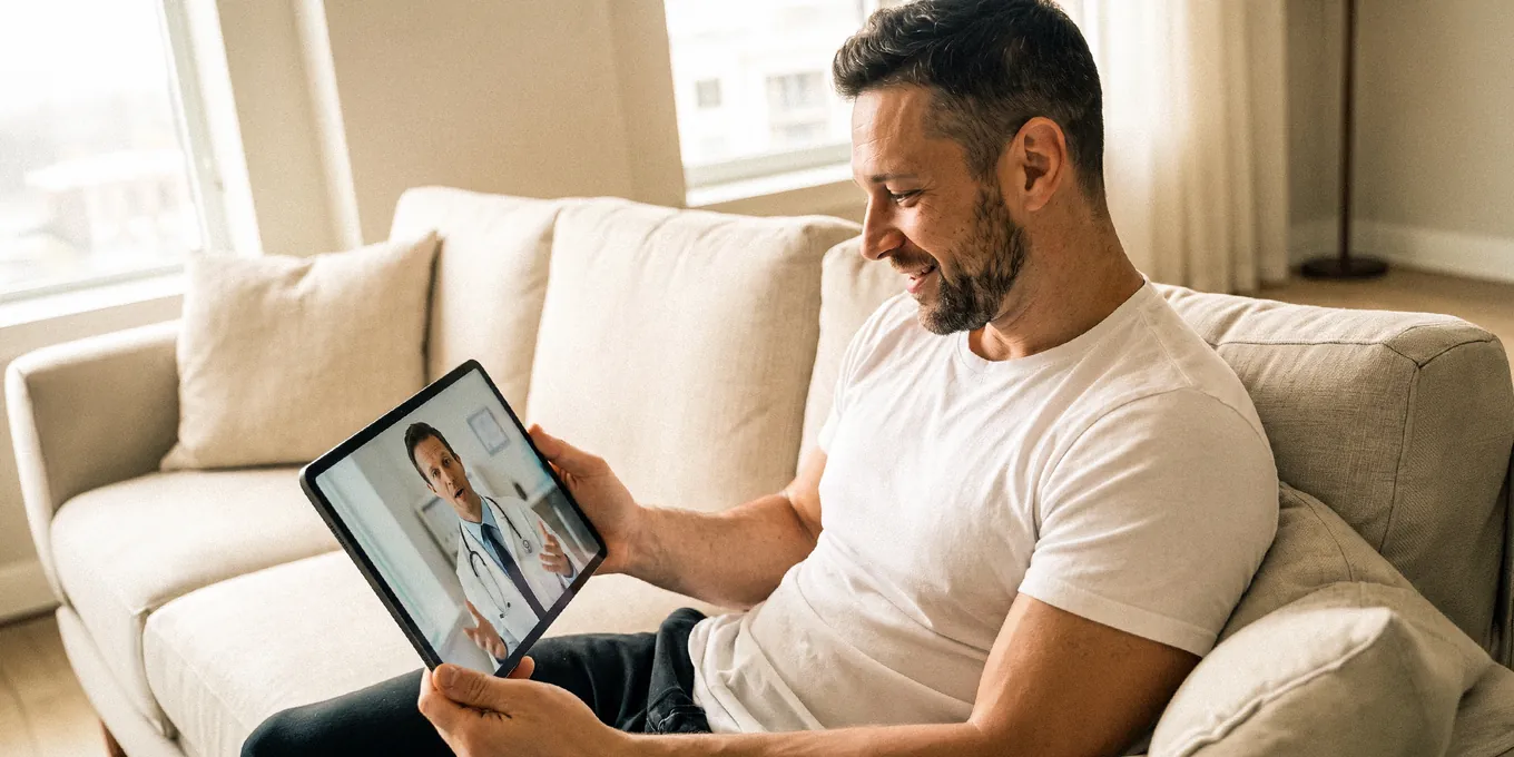 Man on a sofa talking to his doctor on a tablet