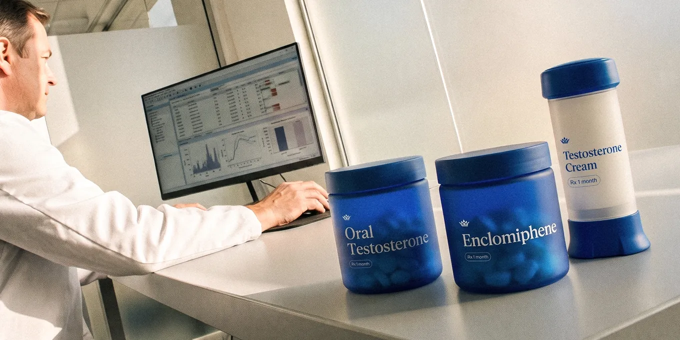 Doctor reviewing lab results on screen beside Maximus products