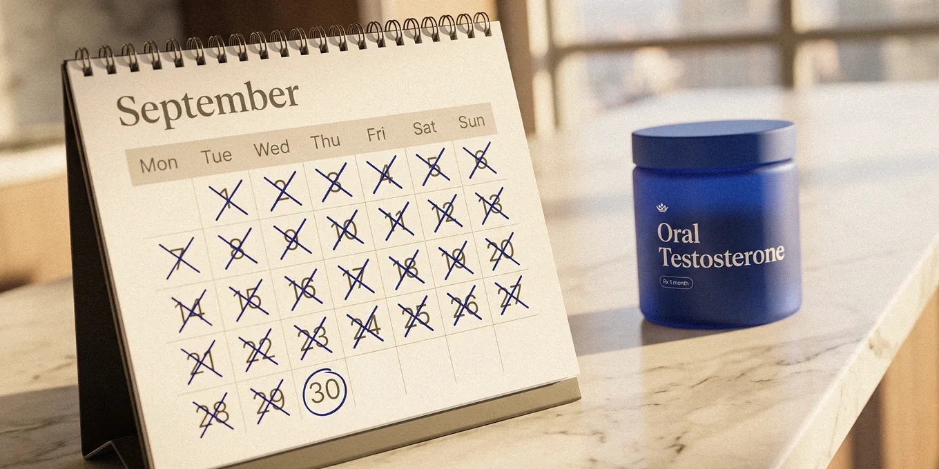 Calendar with 30 days crossed off next to an Oral Testosterone jar